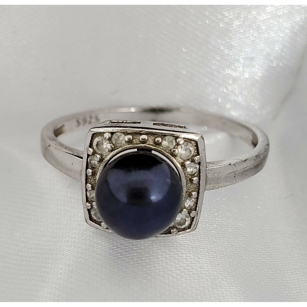 Zenalya Navy Blue Pearl Ring sz 9 Square Halo Setting w/Swarovski Crystal preown